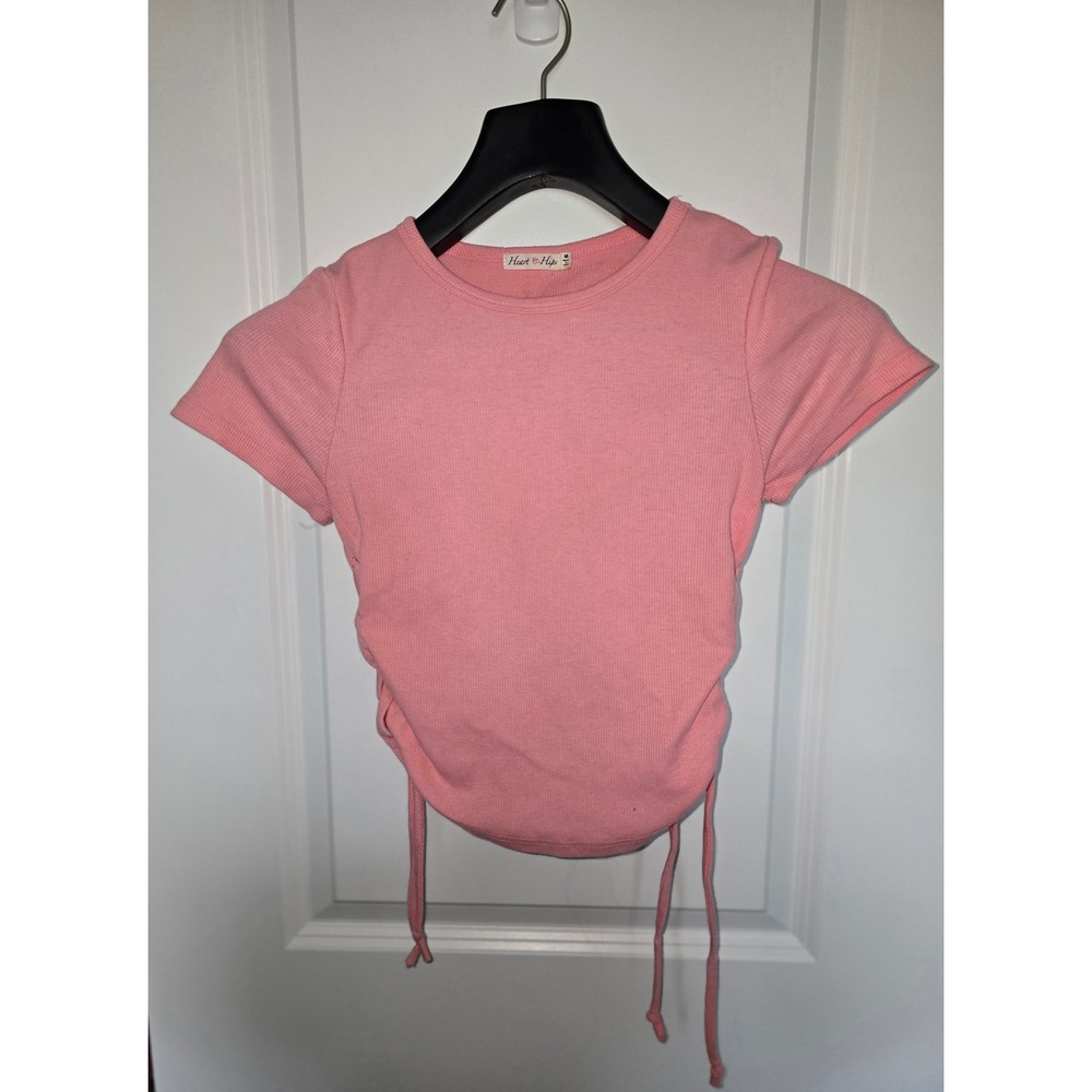 Heart & Hip Pink Ribbed Side Cinch Drawstring Short Sleeve Top RT49983 M juniors